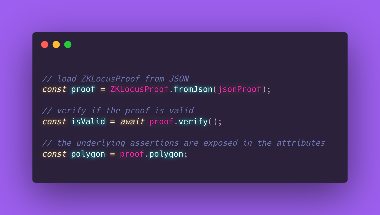 Code showing how to verify a zkLocus proof in TypeScript and JavaScript.