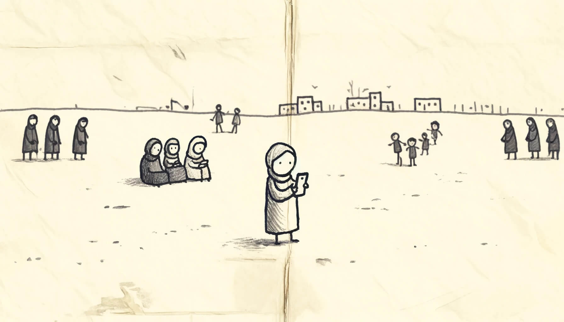A simple, monochromatic illustration depicts a desert-like environment with sparse, small buildings in the background. Several groups of women and children are scattered across the scene. A woman in the foreground is looking at her phone. The image represents civilians in a conflict zone, showcasing how they can use technology to verify their location without revealing exact coordinates, emphasizing privacy and security through zero-knowledge proofs in zkSafeZones.
