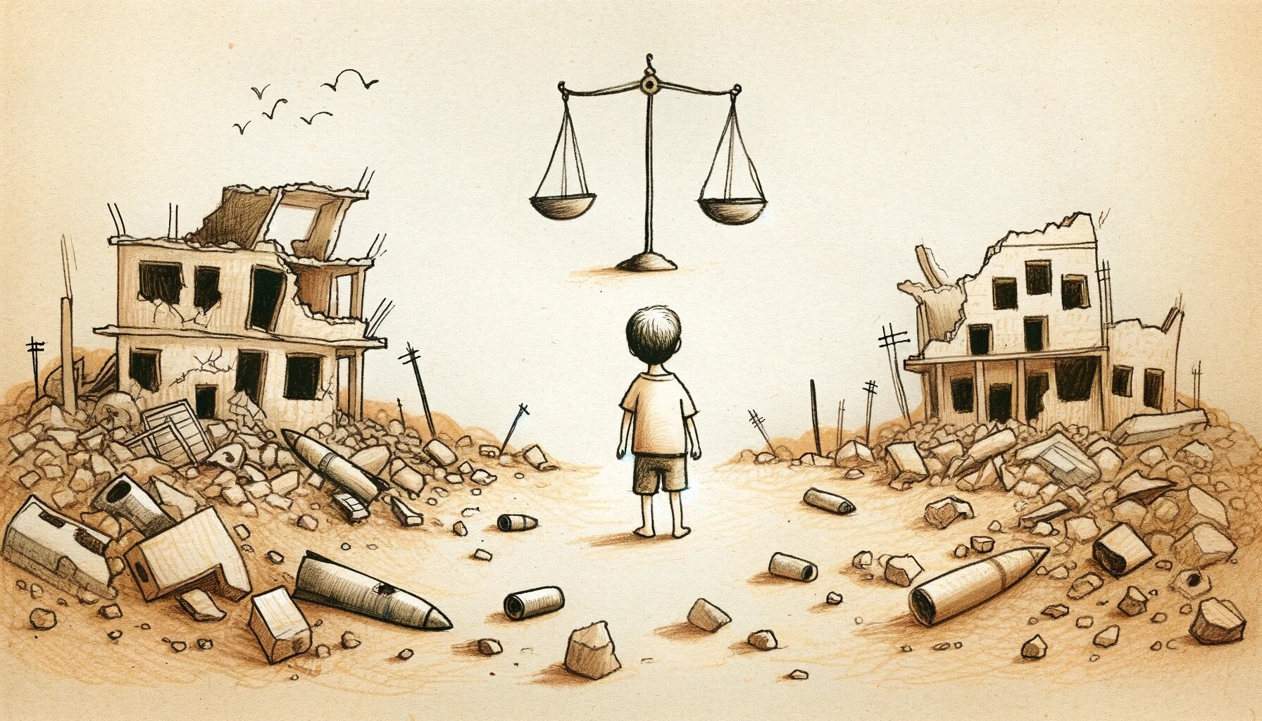 A powerful monochromatic illustration shows a child standing in the middle of a war-torn area, with ruins of buildings and scattered debris, including bomb shells, on either side. Above the child, a large balanced scale floats, symbolizing justice. The image represents the integration of zkSafeZones with legal frameworks, highlighting how automated enforcement of international laws through smart contracts ensures compliance and accountability in conflict zones. This system aims to provide a robust legal framework for monitoring and holding parties responsible for their actions.