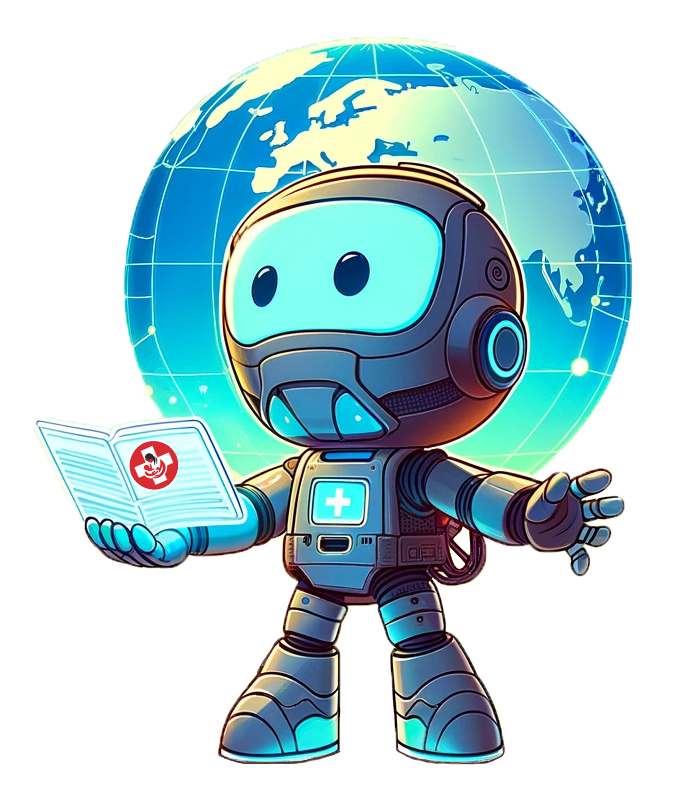 A vibrant, colorful illustration features the mascot of zkSafeZones, depicted as a friendly robot with a blue and black body. The robot has a large, round head with glowing blue eyes and a transparent visor. It holds an open book with a red cross symbol on it, symbolizing medical or humanitarian aid. Behind the robot, a large globe map indicates the global reach and impact of zkSafeZones. The background also includes icons of medical supplies and aid, emphasizing the project's focus on civilian protection and international humanitarian efforts.