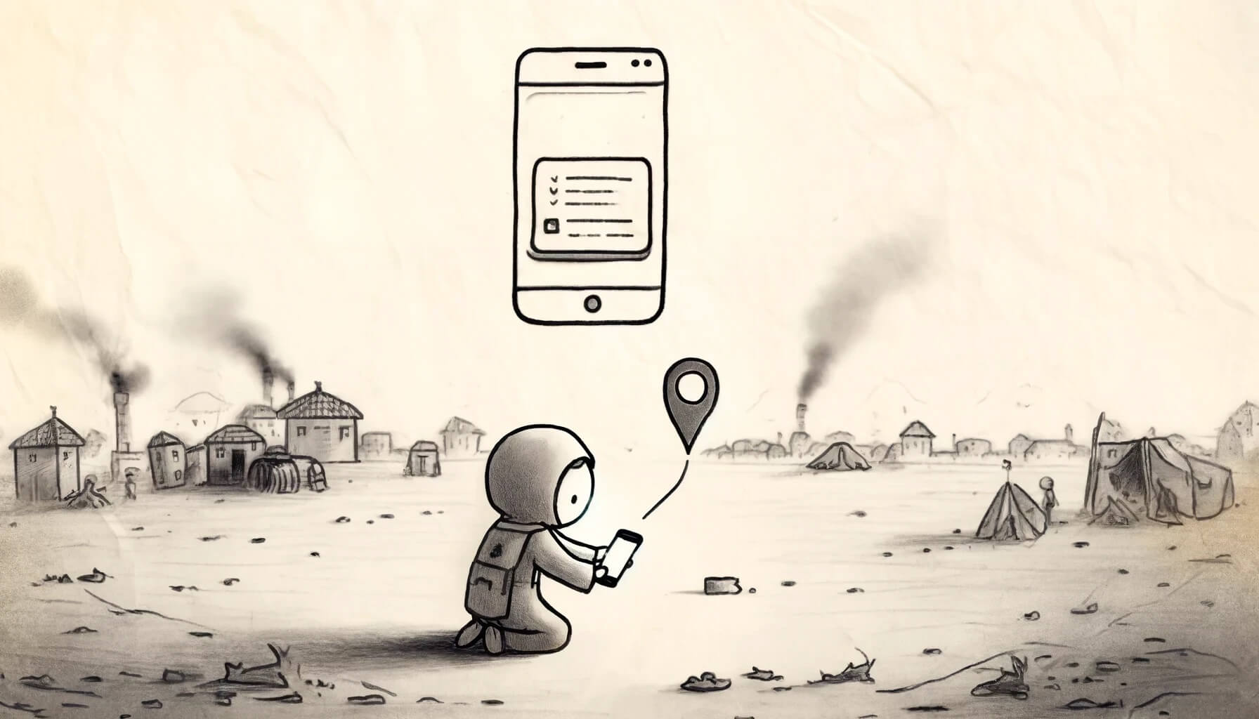 Hand-drawn like illustration depicts a person (child) wearing a hooded jacket, kneeling in a desolate, conflict-affected area. The individual is looking at a smartphone. Above the person, a large smartphone screen displays a form or list interface, and a location pin icon is shown to the right, connected by a dotted line. In the background, there are damaged buildings and tents, with smoke rising from some structures, indicating the aftermath of conflict. The image represents the process of submitting and verifying geolocation proofs on the Mina blockchain using zkLocus, ensuring data is authenticated, integrity-assured, and transparent.