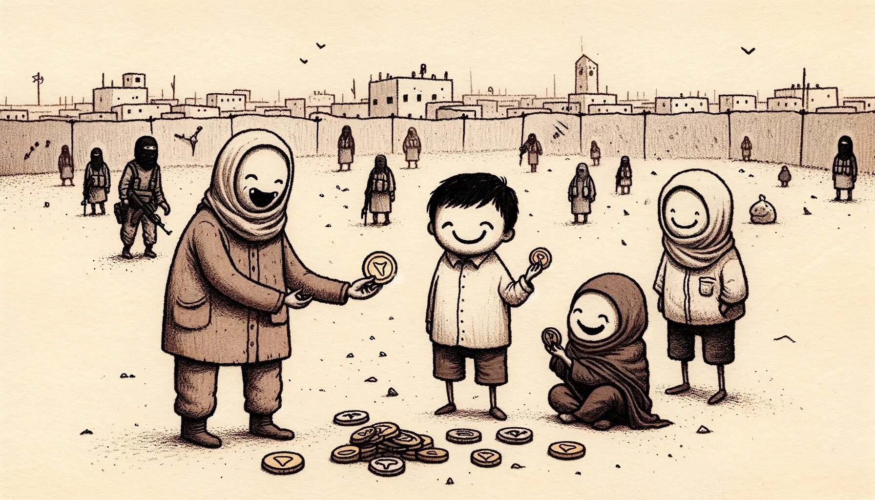 A detailed, monochromatic illustration shows a scene in a conflict-affected area with simple buildings and a few armed individuals in the background. In the foreground, several children and a woman wearing headscarves are depicted smiling and holding coins with the $ZKL token symbol. The children are playing with a pile of these tokens on the ground. This image represents the incentive mechanism of zkSafeZones, where $ZKL tokens are used to reward the submission of verified geolocation proofs, encouraging active participation and the collection of legal evidence to keep the system engaged and effective.